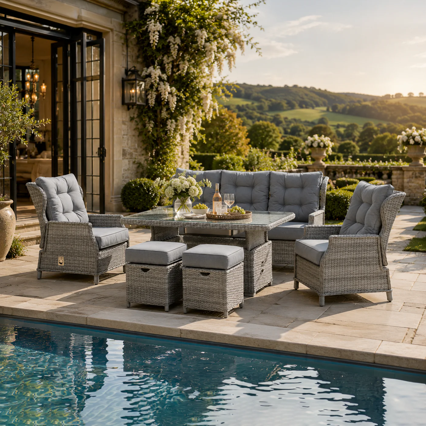 Archie Garden 6 Piece Reclining Sofa Dining Set with Rising Table & Ice Bucket - Image 4
