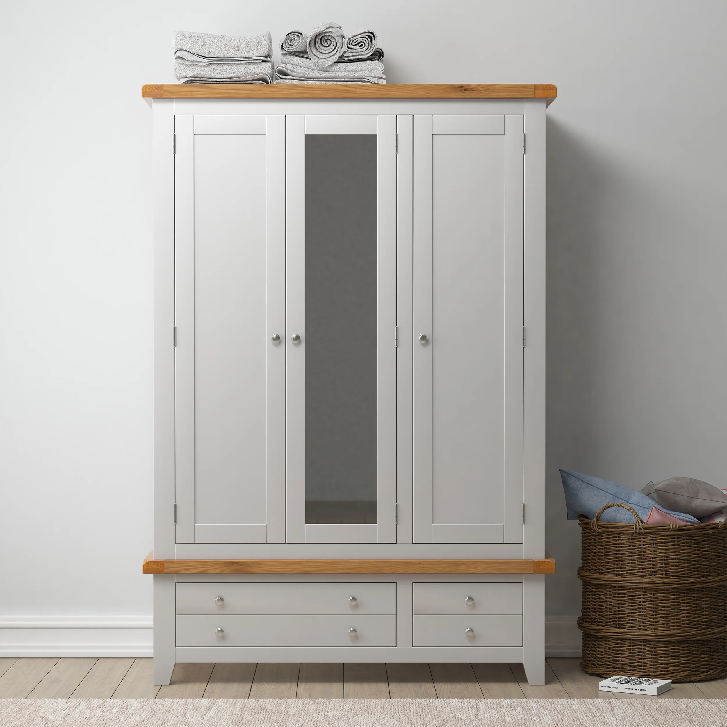 Cambridge Grey Painted Oak 3 Door 2 Drawer Wardrobe