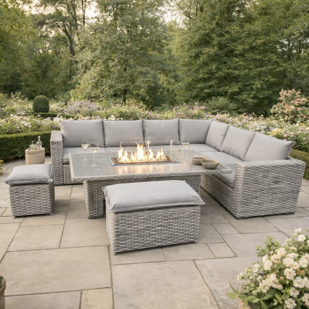 Grey Rattan 6 Piece Rectangular Garden Corner Adjustable Firepit Dining Set