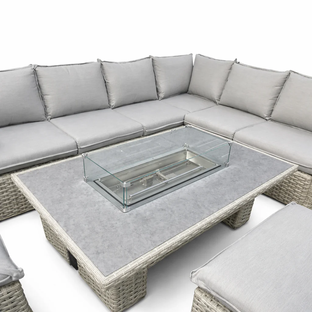 Grey Rattan 6 Piece Rectangular Garden Corner Adjustable Firepit Dining Set - Image 5