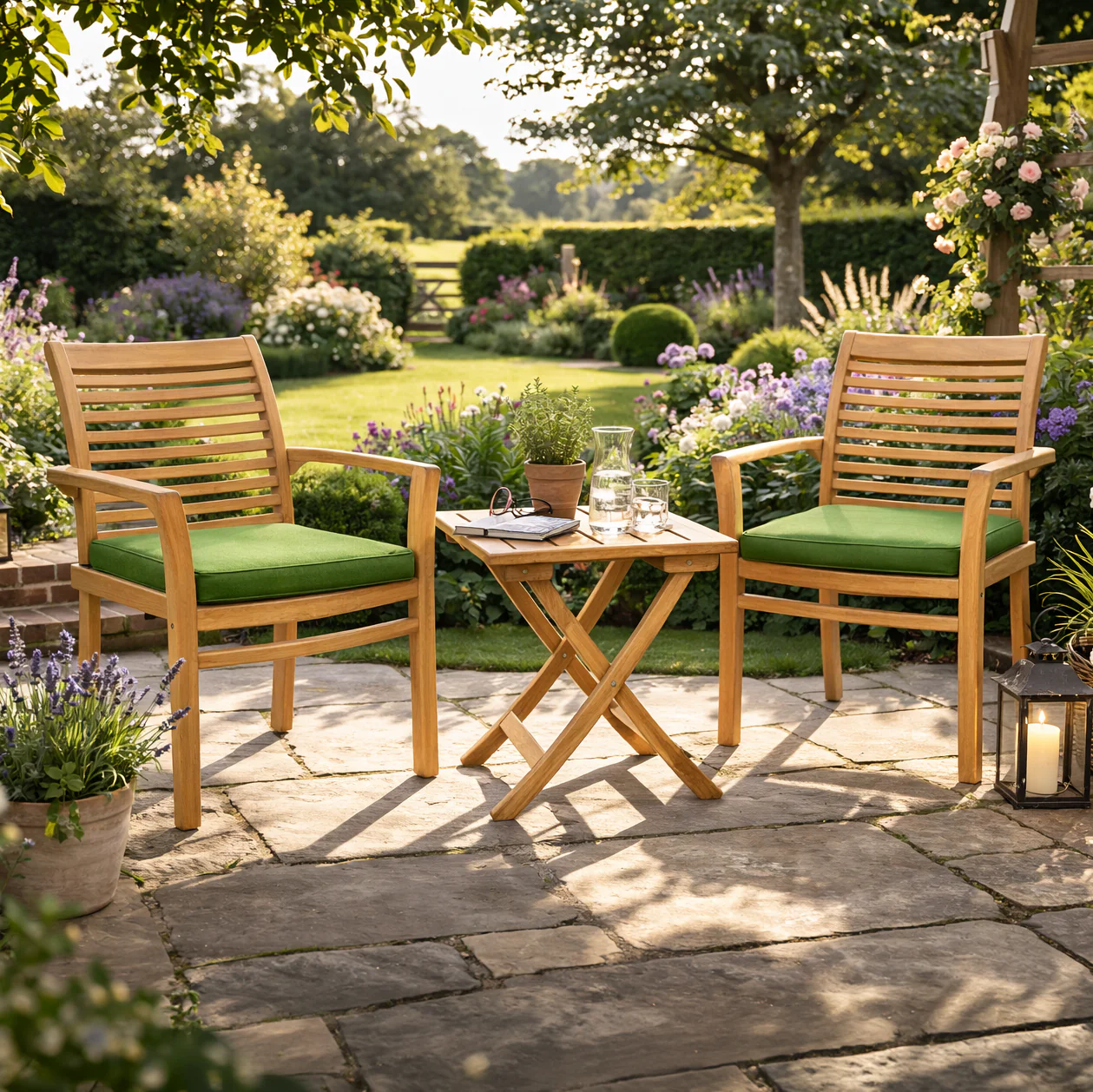 Lemington Teak Garden Companion Set with Green Cushions - Image 2
