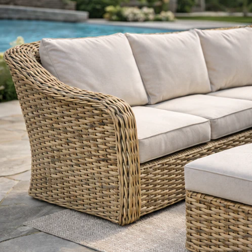 Miami Garden 3 Seater Sofa Dining Set with Rising Table, Armchairs and Stools - Image 17