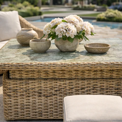 Miami Garden 3 Seater Sofa Dining Set with Rising Table, Armchairs and Stools - Image 3