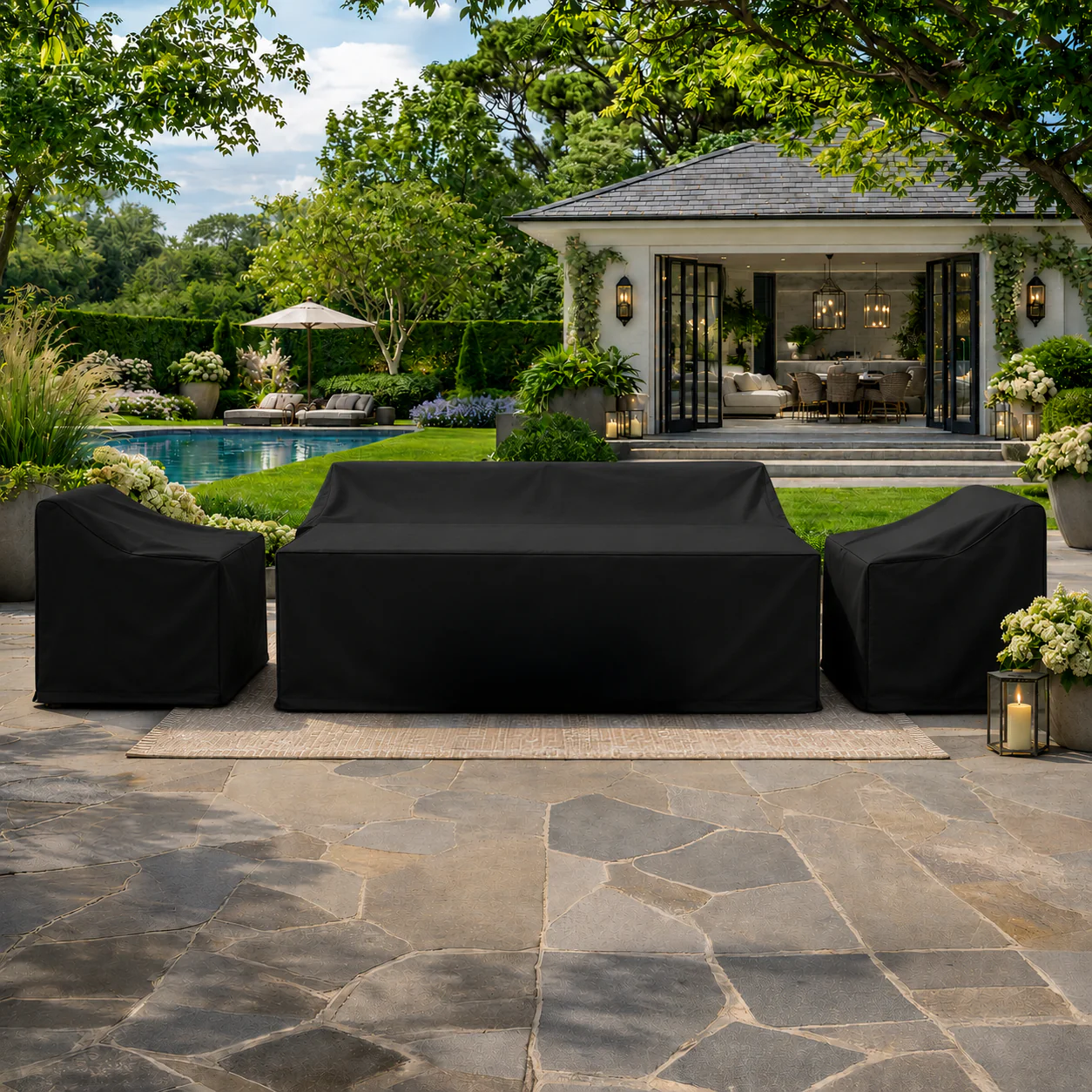 Miami Garden 3 Seater Sofa Dining Set with Rising Table, Armchairs and Stools - Image 5