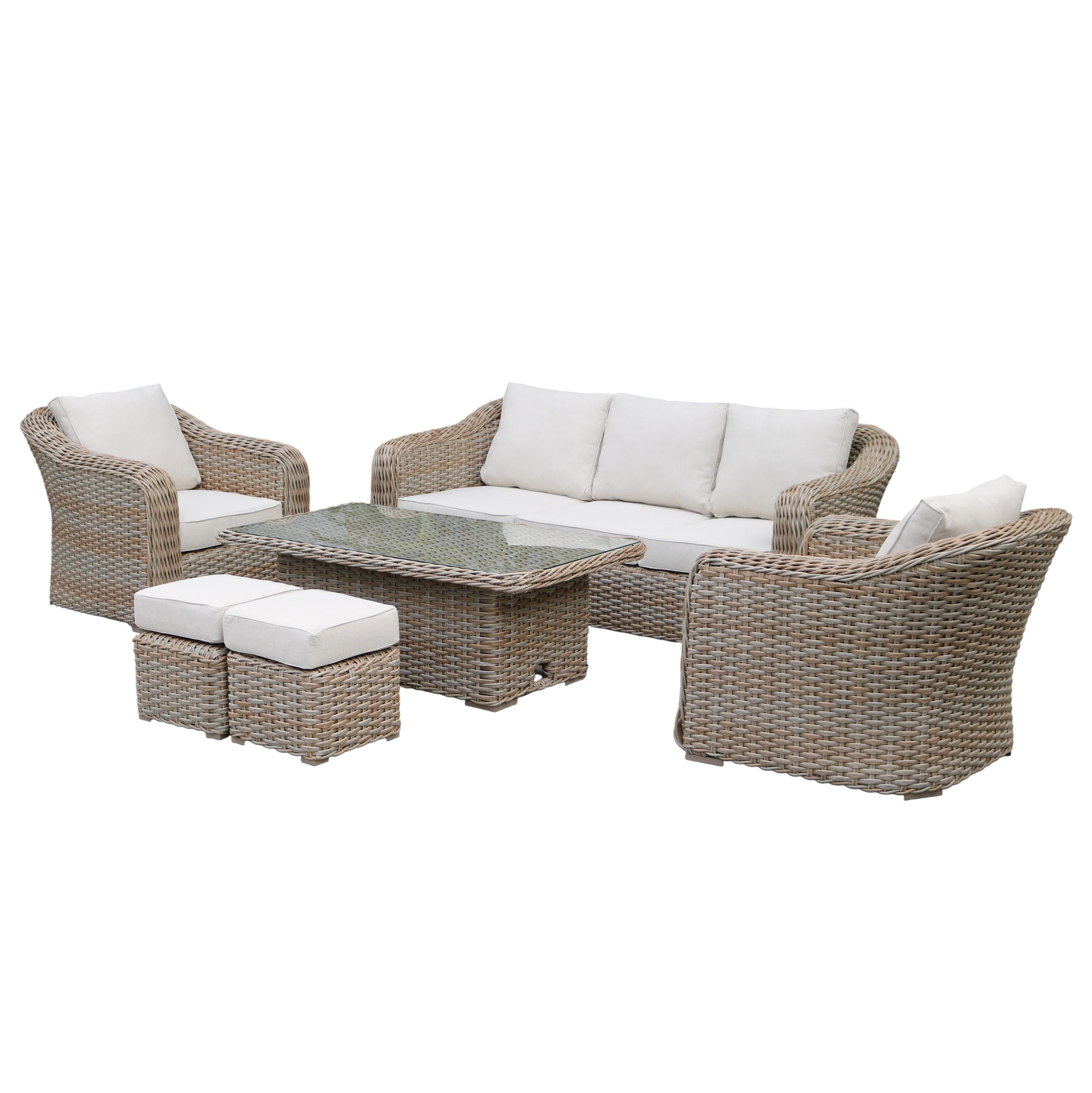 Miami Garden 3 Seater Sofa Dining Set with Rising Table, Armchairs and Stools - Image 6