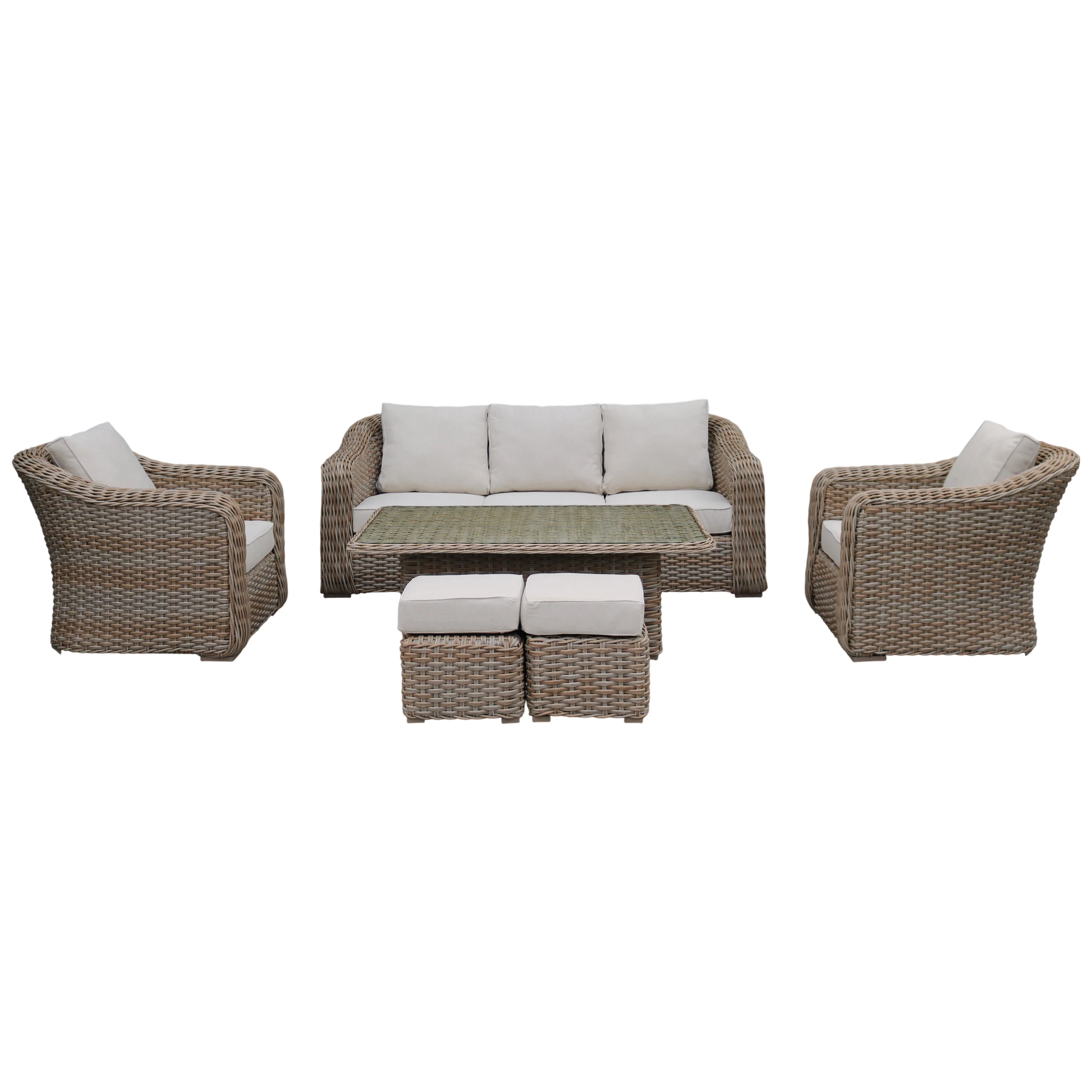 Miami Garden 3 Seater Sofa Dining Set with Rising Table, Armchairs and Stools - Image 7