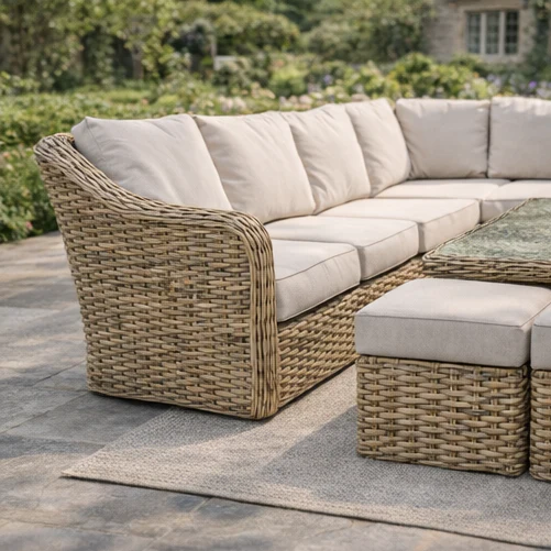 Miami Garden Grande Corner Sofa Dining Set with Rising Table, Armchairs and Stools - Image 3