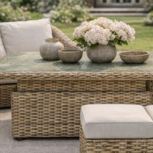 Miami Garden Grande Corner Sofa Dining Set with Rising Table, Armchairs and Stools - Image 4