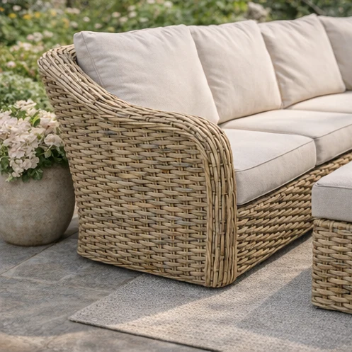 Miami Garden Grande Corner Sofa Dining Set with Rising Table, Armchairs and Stools - Image 5