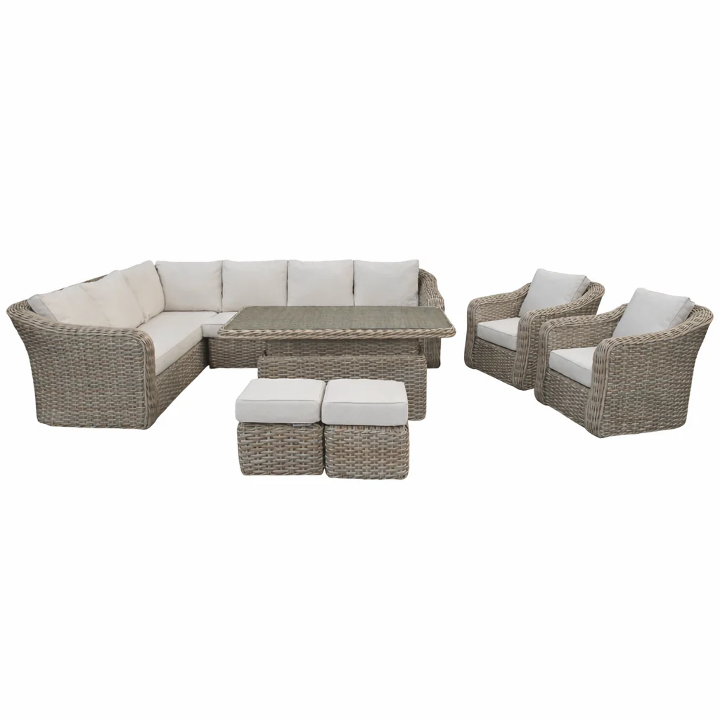Miami Garden Grande Corner Sofa Dining Set with Rising Table, Armchairs and Stools - Image 8