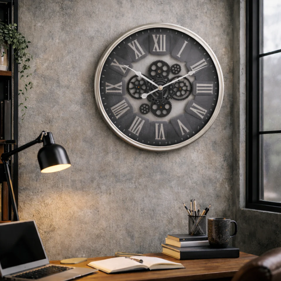 Round Modern Navy Cogs Wall Clock | Roman Numerals | 59 cm
